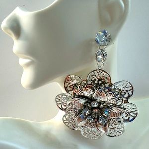Silver Plated Filigree With Swarovski stone Large Earrings VERY LIGHT WEIGHT